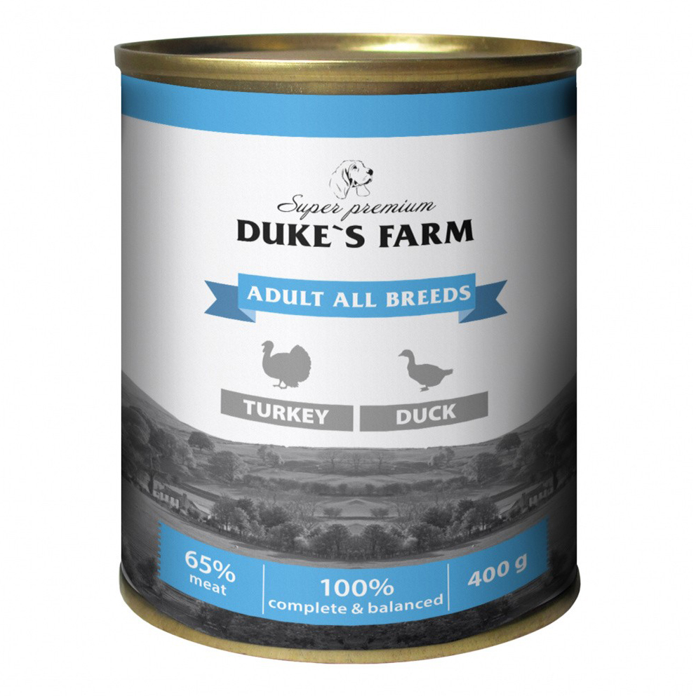 

Влажный корм для собак Duke's Farm Adult, паштет из индейки с уткой, 400 г