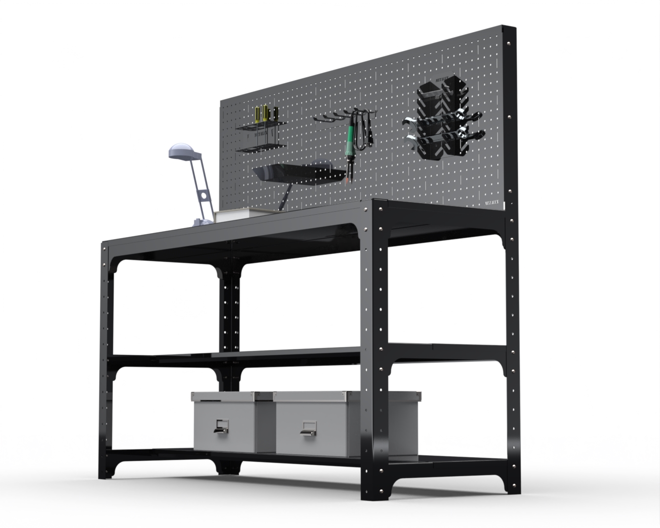 

Стол металлический Metalex серия KIT 750х1200х500 + две полки + перфопанель (черный)