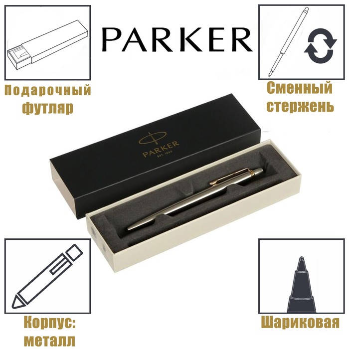 Ручка шариковая Parker Jotter Core K691 Stainless Steel GT M, корпус из нержавеющей стали,