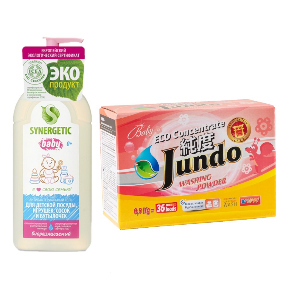 Купить Средство для мытья детской посуды Synergetic 500 мл, Стиральный порошок Jundo Baby 900 гр,