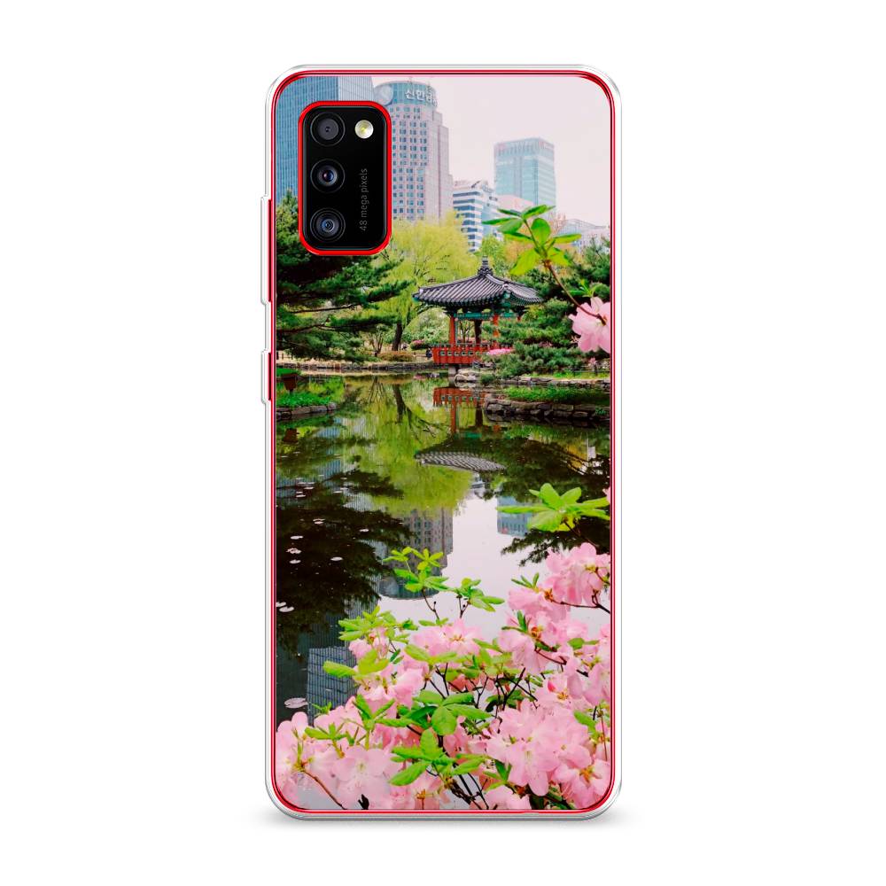 

Чехол на Samsung Galaxy A41 "Сакура возле озера", Зеленый;розовый;голубой, 2100450-2
