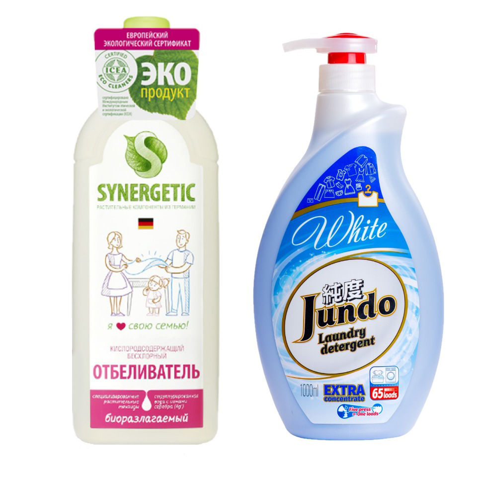 фото Отбеливатель д/белья synergetic 1л + гель д/стирки бел.белья jundo white 1л