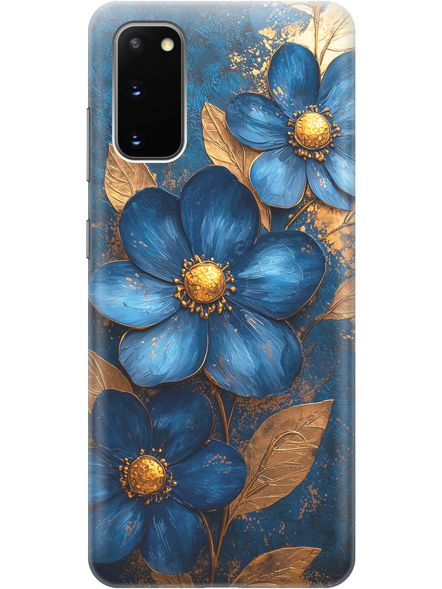 

Силиконовый чехол на Samsung Galaxy S20 с принтом "Синие цветы, золотые листья", Прозрачный;золотистый;синий, 722629523
