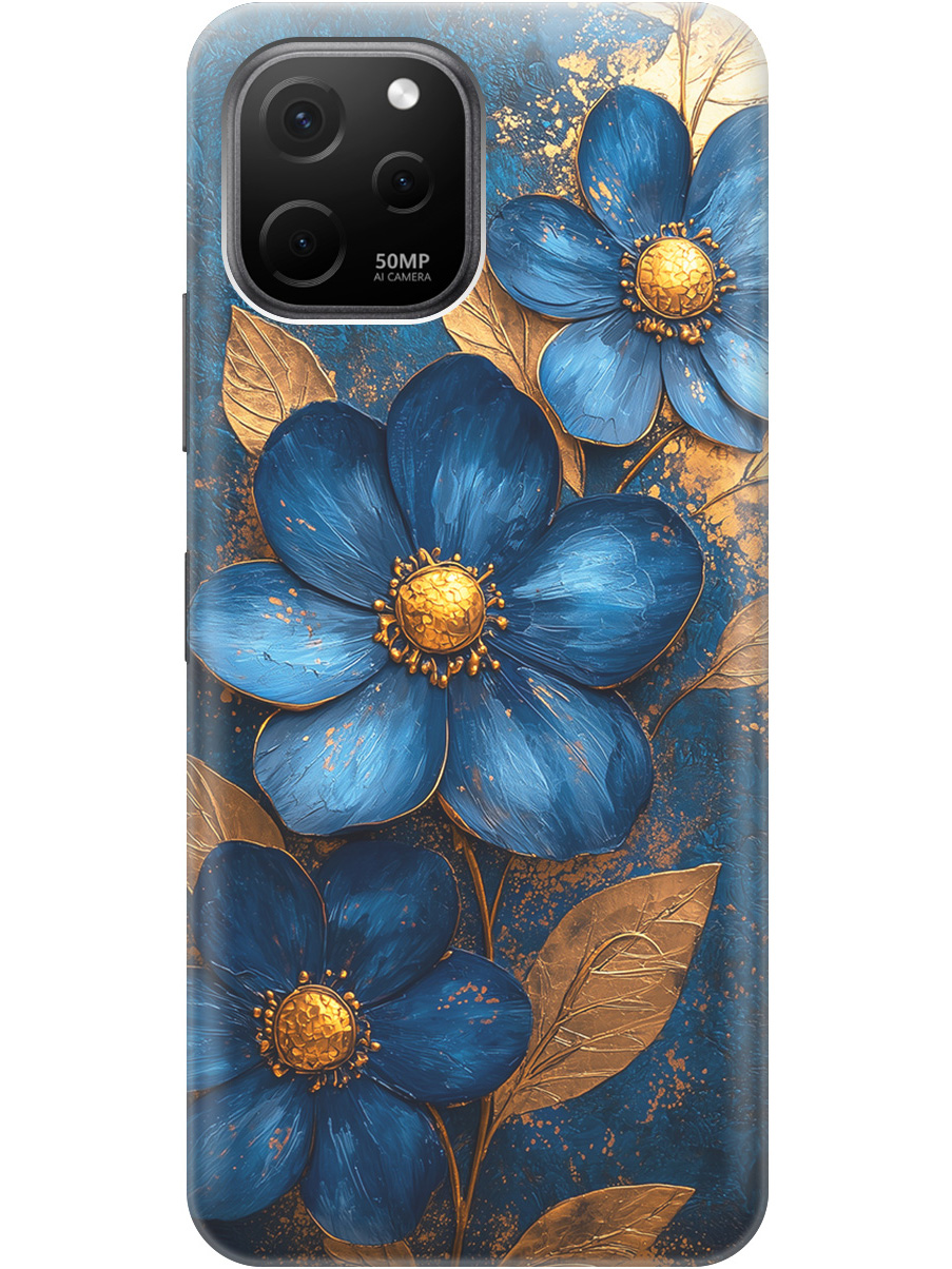 

Силиконовый чехол на Huawei nova Y61 с принтом "Синие цветы, золотые листья", Прозрачный;золотистый;синий, 762098523