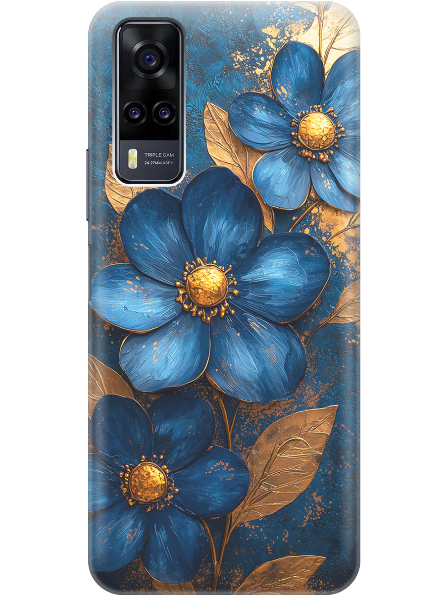 

Силиконовый чехол на Vivo Y31 / Y53s 4G / Y51 2020 с принтом "Синие цветы, золотые листья", Прозрачный;золотистый;синий, 743438323