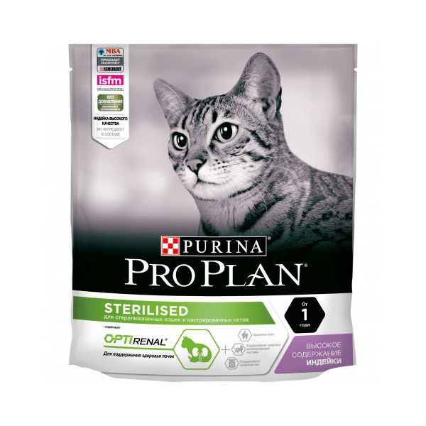 Сухой корм для кошек PRO PLAN Sterilised Optirenal, индейка, 0,4кг