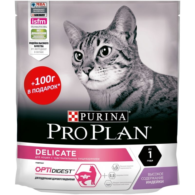 Сухой корм для кошек Pro Plan Delicate Optidigest, с индейкой, 400г