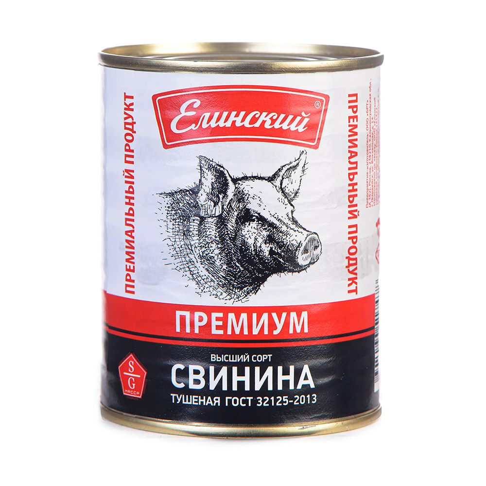 

Свинина тушеная Елинский ГОСТ в/с премиум 338г ж/б Россия, премиум