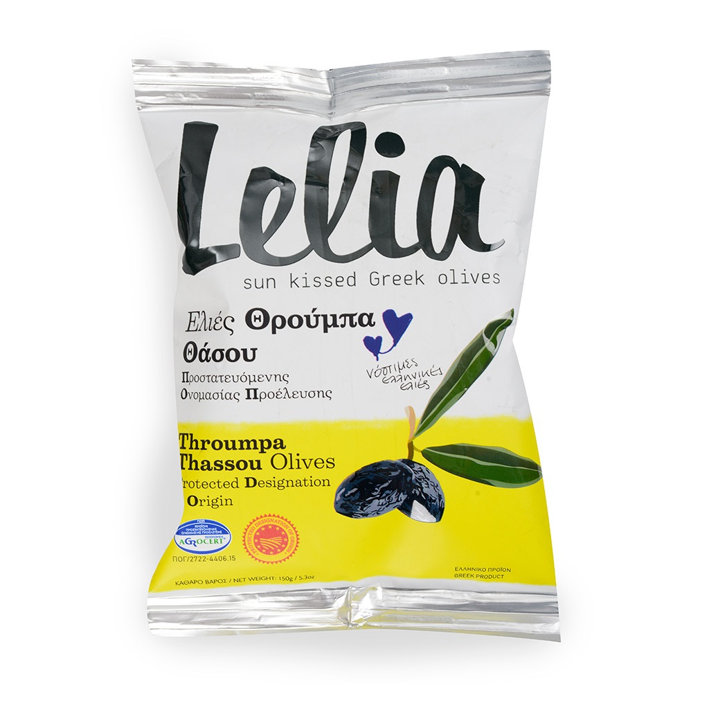 Оливки Lelia Трубес с косточкой чёрные 150г сашет Греция