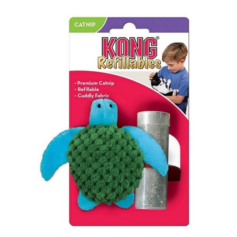 Мягкая игрушка для кошек KONG Черепашка с тубом кошачьей мяты плюш, голубой, зеленый, 9 см