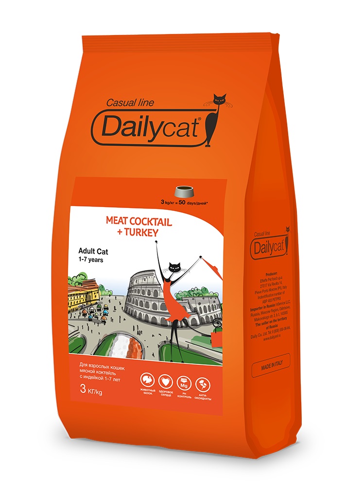 фото Dailycat casual line сухой корм для кошек мясной коктейль с индейкой 3 кг
