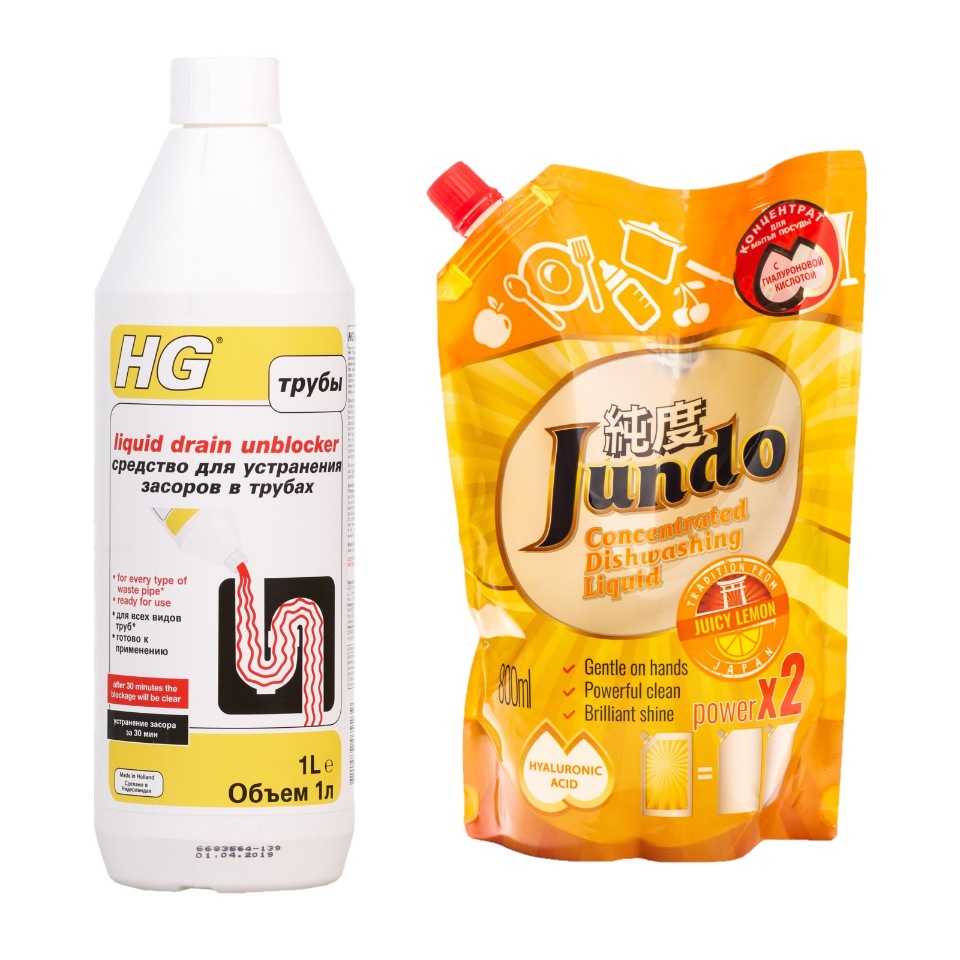 

HG Средство д/устранения засоров в трубах 1 л + концентрат д/посуды Jundo Juicy Lemon 1 л