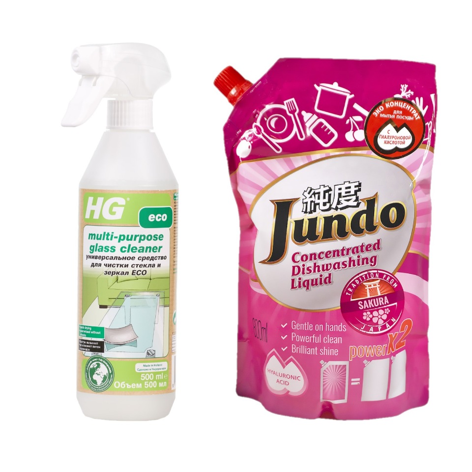 

HG средство д/чистки стекла и зеркал Eco 500мл + концентрат д/посуды Jundo Sakura 800 мл