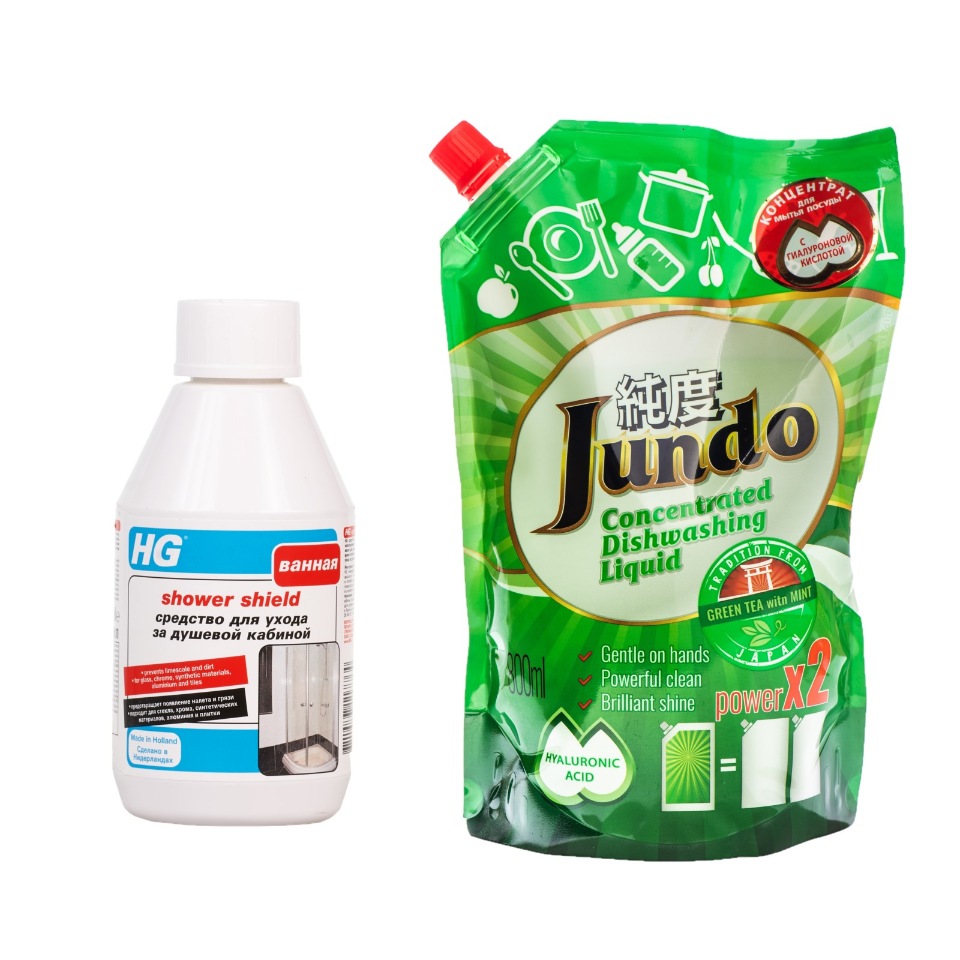 

HG Средство д/ухода за душевой кабиной + концентрат д/посуды Jundo Green tea Mint 800 мл