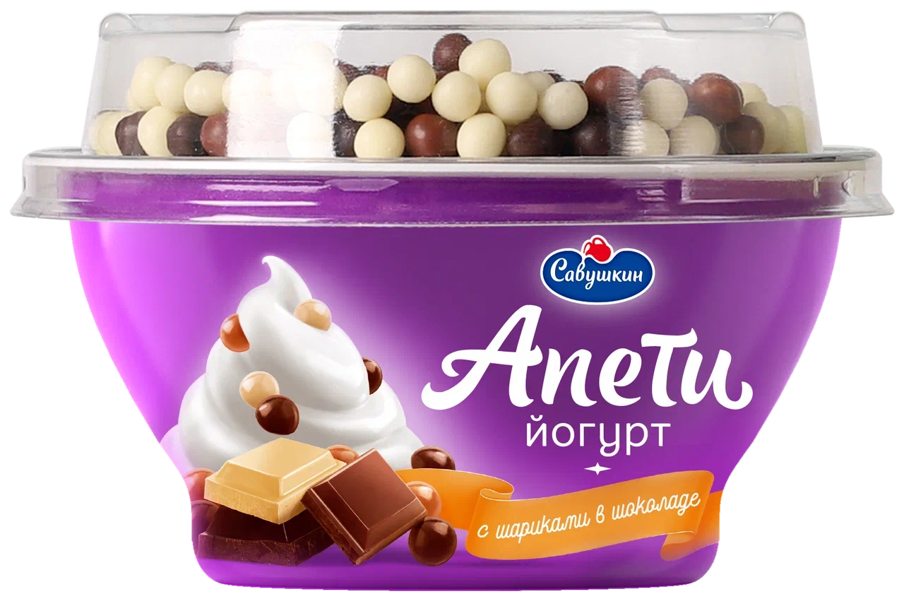 Йогурт Савушкин Апети со вкусом пломбира, злаковые шарики, покрытые шоколадом, 5%, 105 г