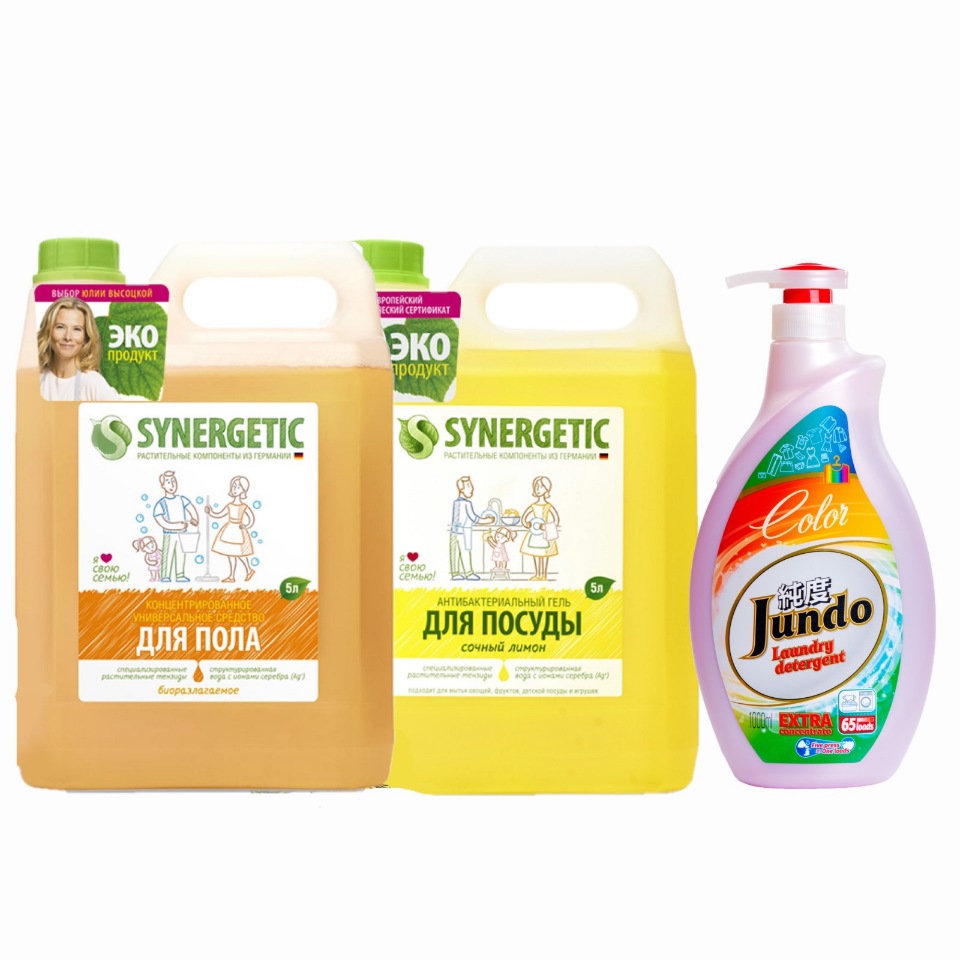 

Гель д/посуды Synergetic 5 л + Средство д/пола 5 л + Гель д/цветн. белья Jundo Color 1 л