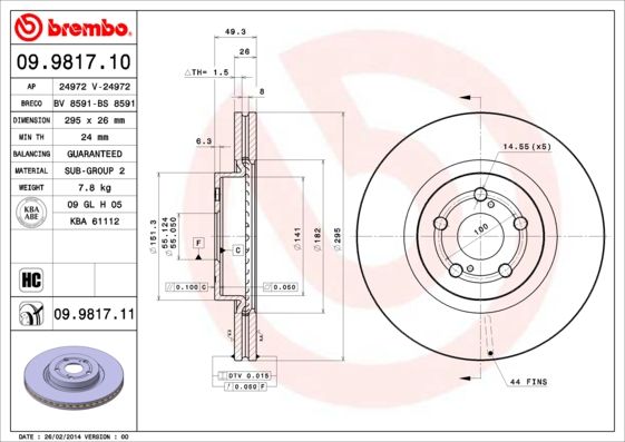 

Тормозной диск brembo передний вентилируемый 295x26 мм 5 отверстий 9981710