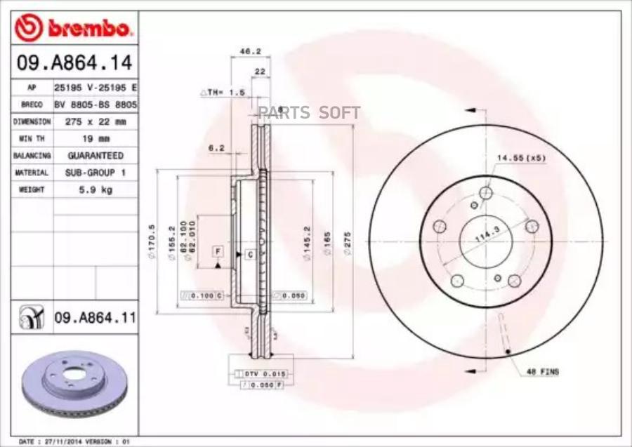 

Тормозной диск brembo передний для Toyota Auris, Corolla 2007- 09A86414