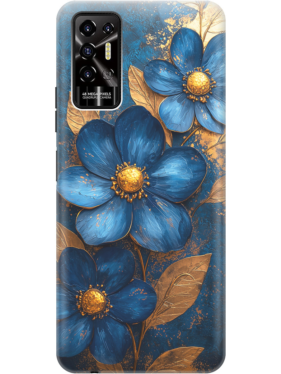 

Силиконовый чехол на Tecno Pova 2 с принтом "Синие цветы, золотые листья", Прозрачный;золотистый;синий, 741736023