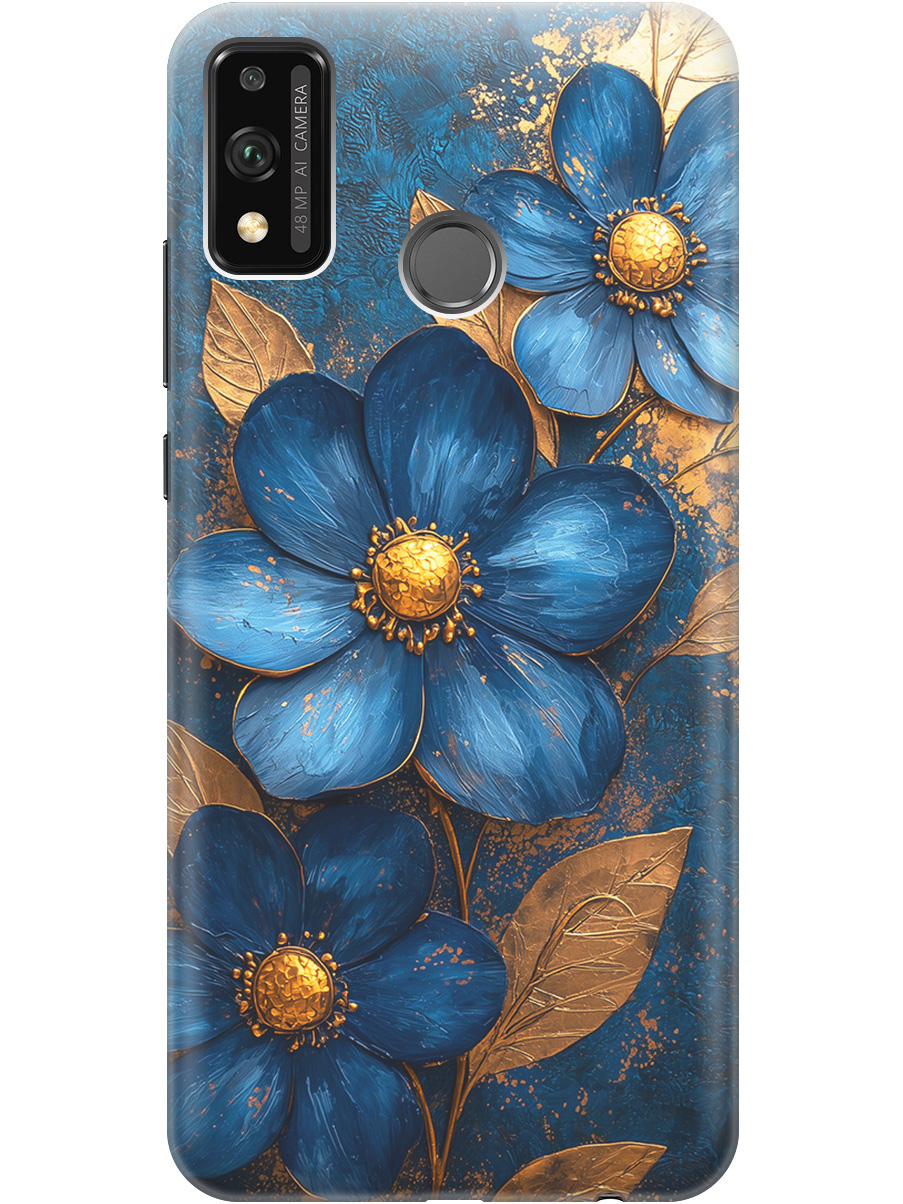 

Силиконовый чехол на Honor 9X Lite с принтом "Синие цветы, золотые листья", Прозрачный;золотистый;синий, 723565423