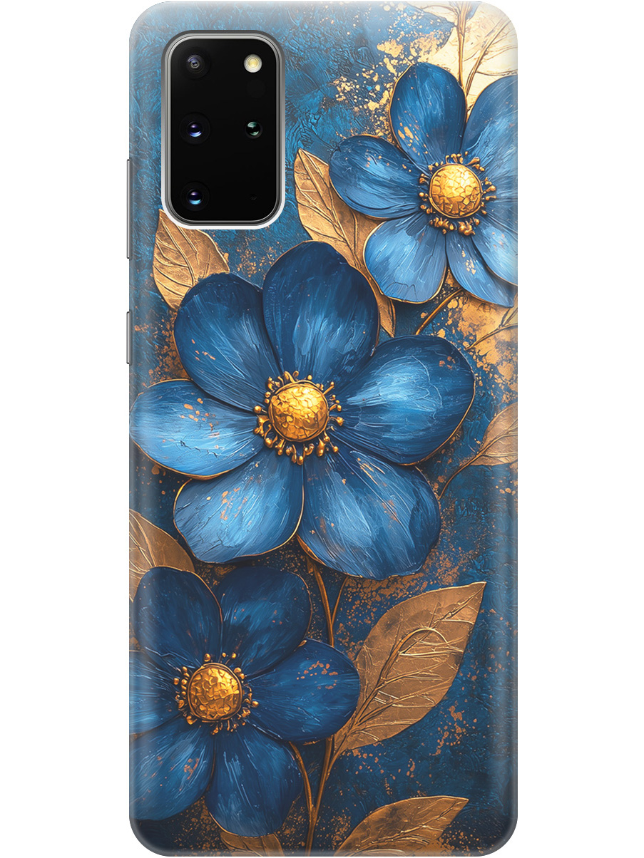 

Силиконовый чехол на Samsung Galaxy S20+ с принтом "Синие цветы, золотые листья", Прозрачный;золотистый;синий, 722628523