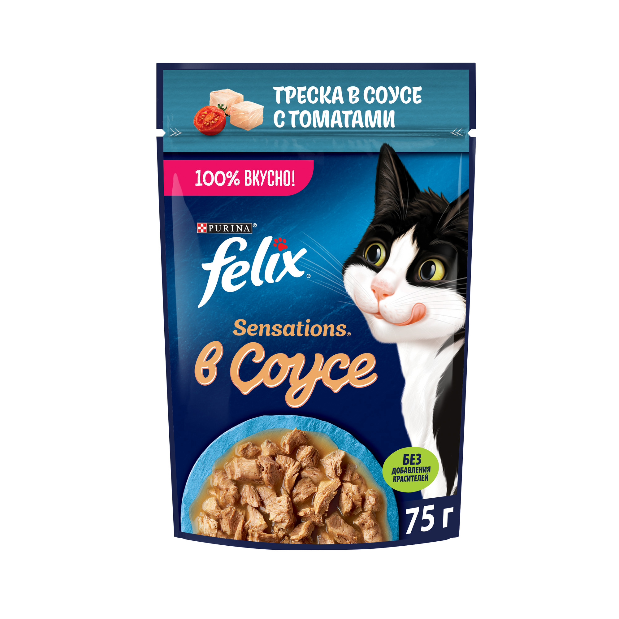 Влажный корм для кошек Felix Sensations, треска с томатом, 75 г