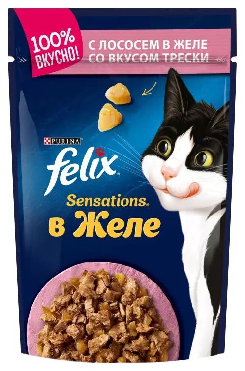 

Влажный корм для кошек Felix Sensations с лососем и треской в желе, 75 г, Sensations