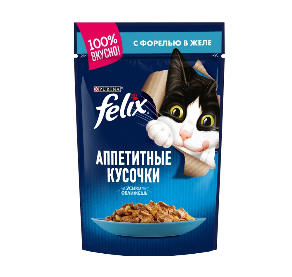 

Влажный корм для кошек Felix Аппетитные кусочки с форелью в желе, 75 г, Аппетитные кусочки