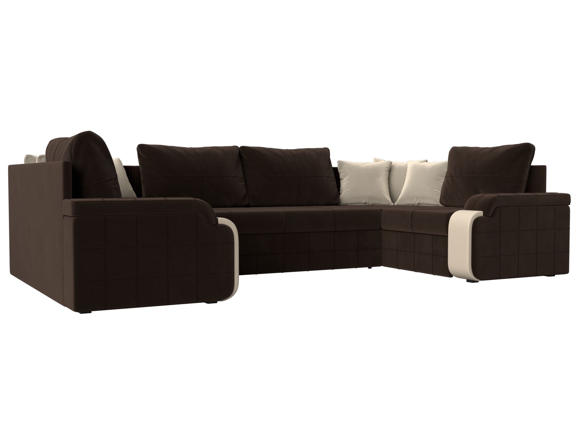 

П-образный диван Николь микровельвет/экокожа коричневый/бежевый/бежевый, П-образный диван Николь