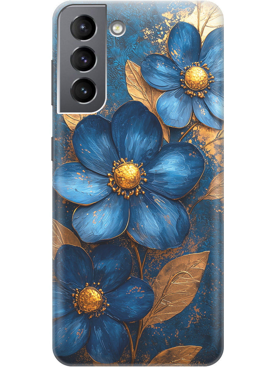 

Силиконовый чехол на Samsung Galaxy S21 с принтом "Синие цветы, золотые листья", Прозрачный;золотистый;синий, 724125023
