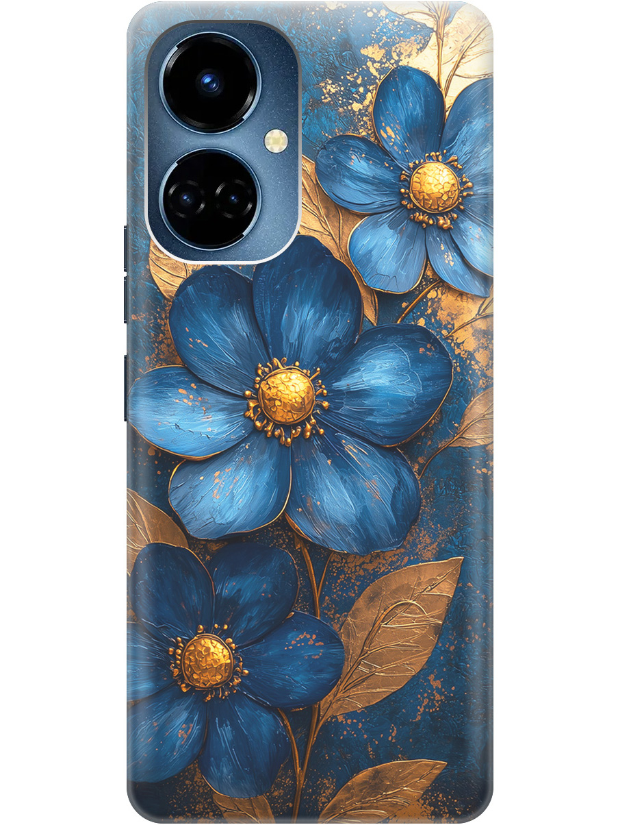 

Силиконовый чехол на Tecno Camon 19 / 19 Pro с принтом "Синие цветы, золотые листья", Прозрачный;золотистый;синий, 778675823
