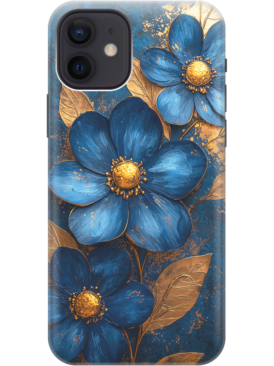 

Силиконовый чехол на Apple iPhone 12/12 Pro с принтом "Синие цветы, золотые листья", Прозрачный;золотистый;синий, 723374123