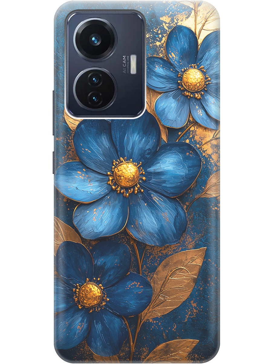 

Силиконовый чехол на Vivo T1 с принтом "Синие цветы, золотые листья", Прозрачный;золотистый;синий, 743437823