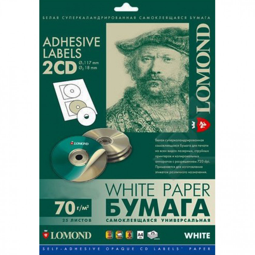 

Наклейки на CD-DVD Lomond 70г 18*117 мм - 25 листов, Белый