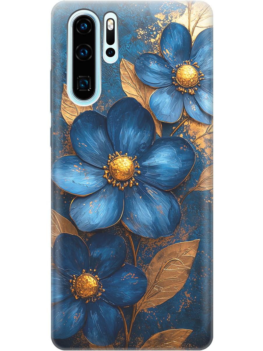 

Силиконовый чехол на Huawei P30 Pro с принтом "Синие цветы, золотые листья", Прозрачный;золотистый;синий, 720762423
