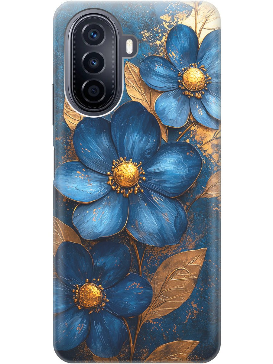 

Силиконовый чехол на Huawei nova Y70 с принтом "Синие цветы, золотые листья", Прозрачный;золотистый;синий, 740133423