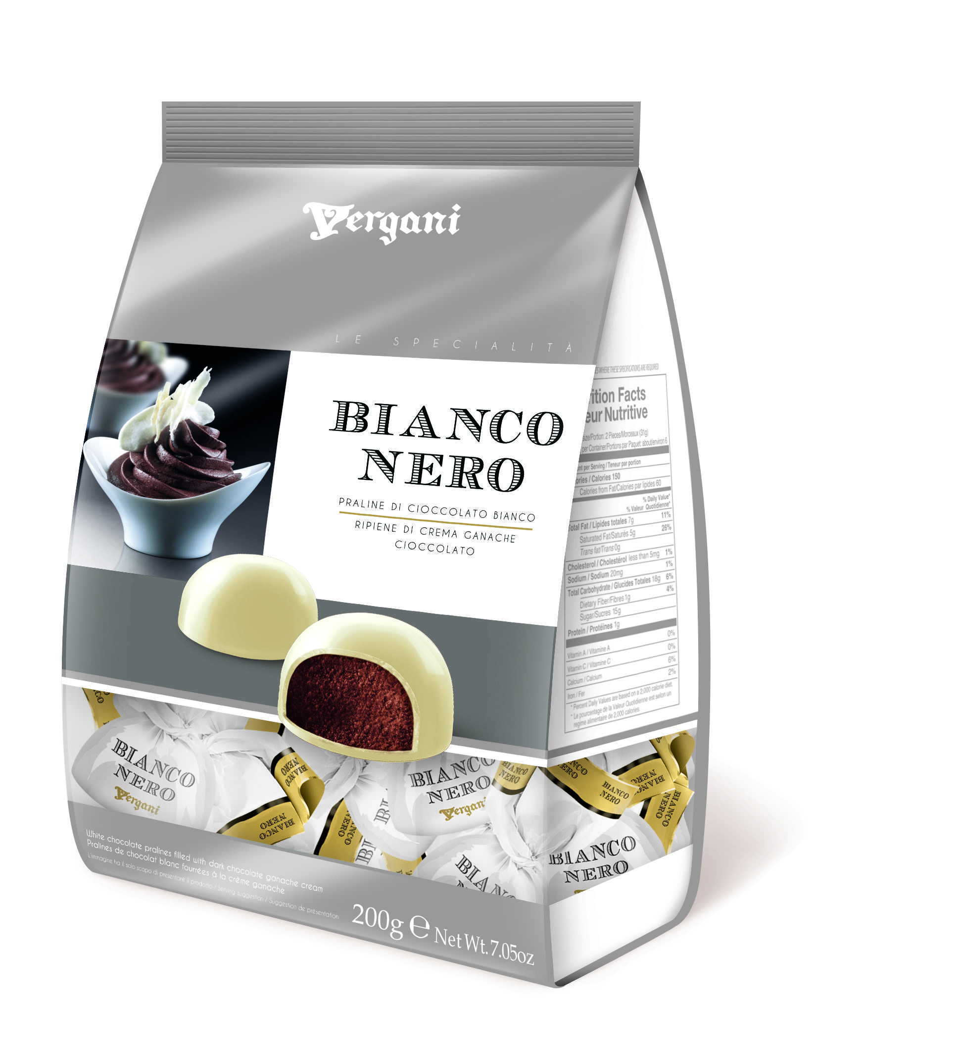 Конфеты Vergani Bianconero пралине из белого шоколада с начинкой ганаш 56%, 200 г
