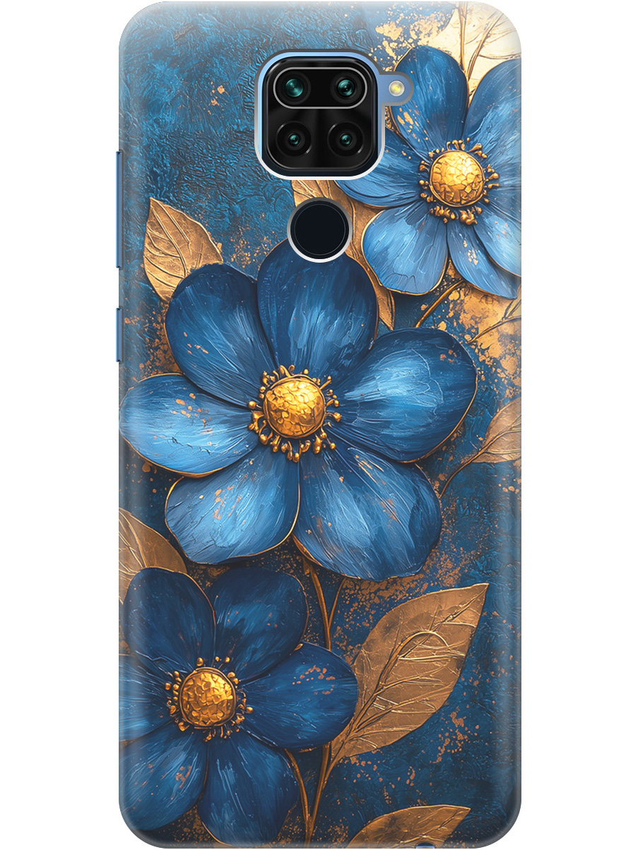 

Силиконовый чехол на Xiaomi Redmi Note 9 с принтом "Синие цветы, золотые листья", Прозрачный;золотистый;синий, 723101323