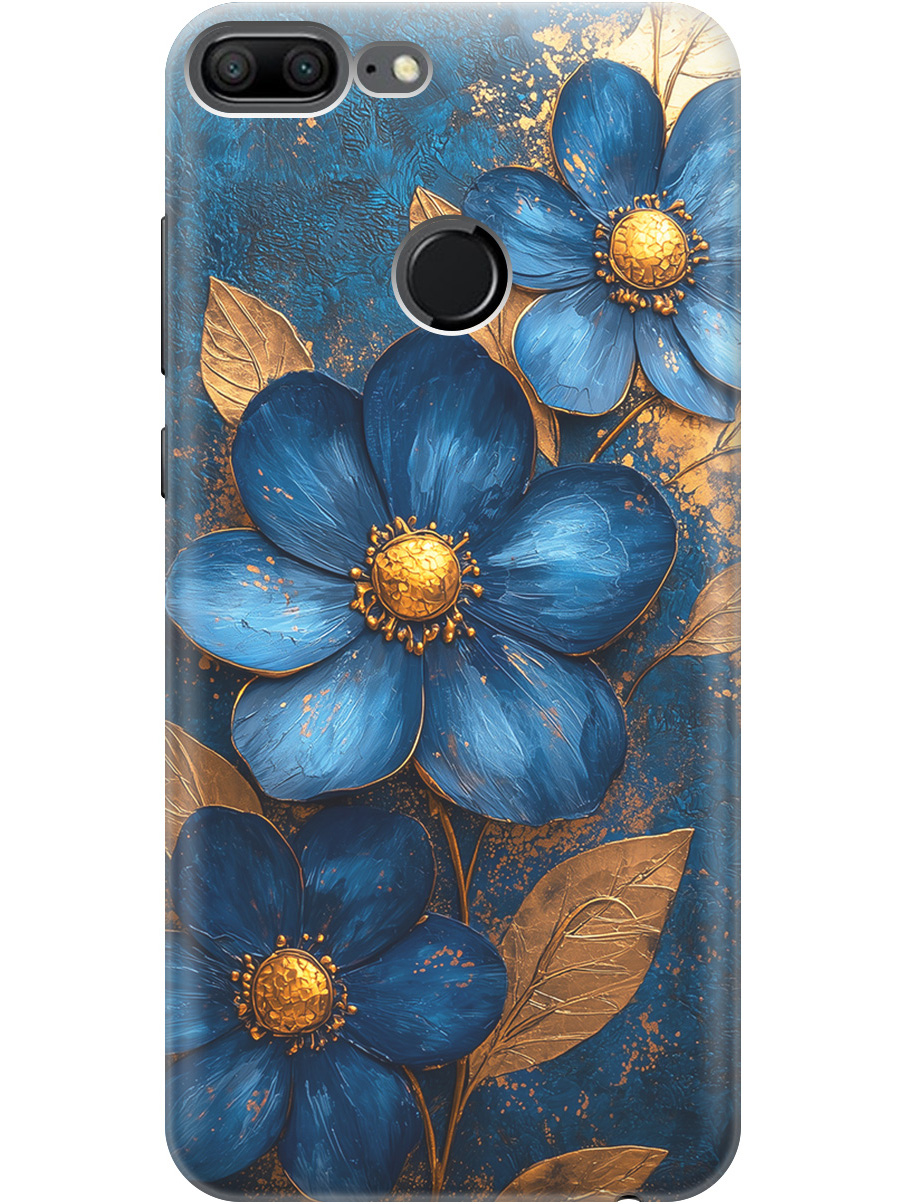 

Силиконовый чехол на Honor 9 Lite с принтом "Синие цветы, золотые листья", Прозрачный;золотистый;синий, 717568423