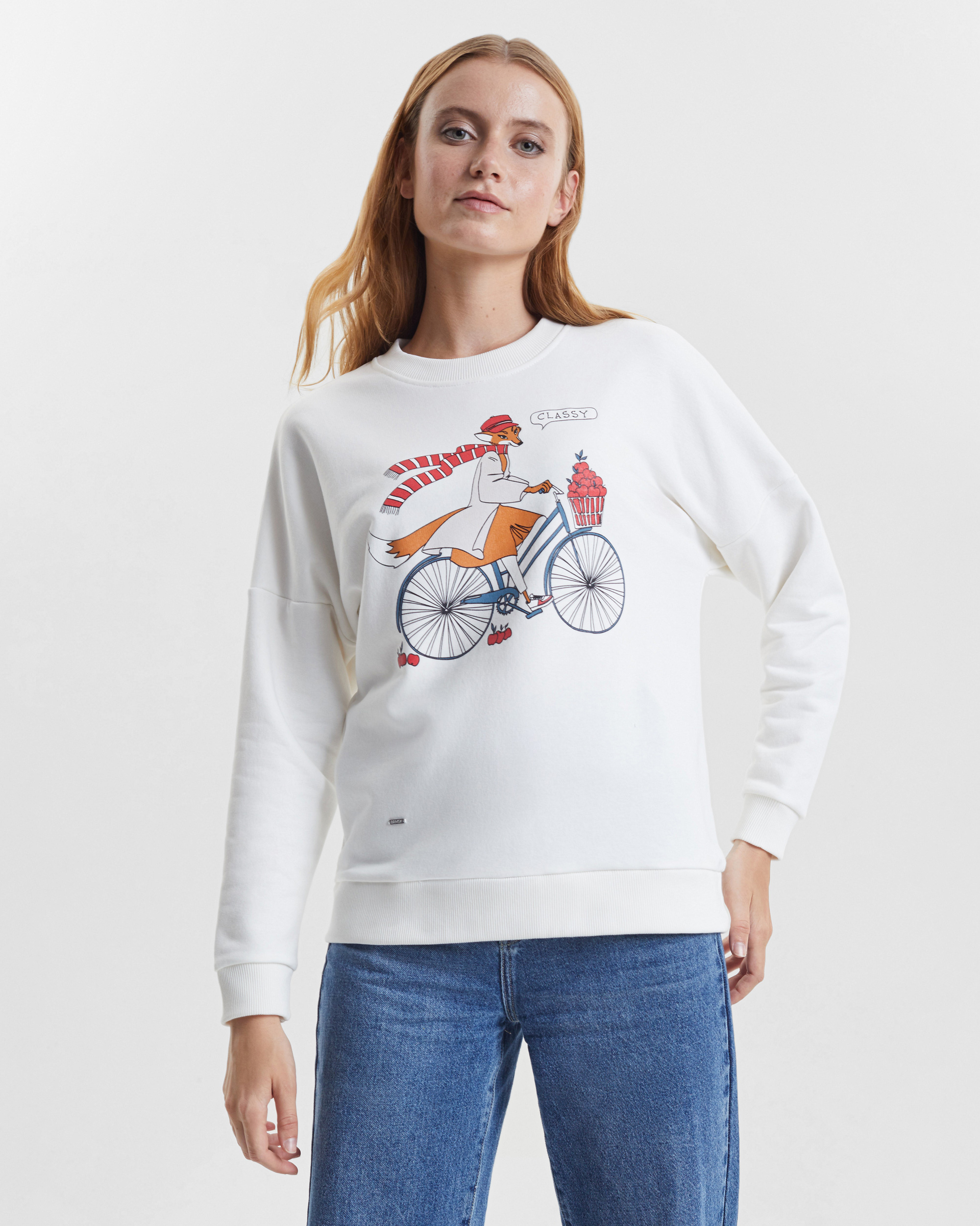 фото Свитшот женский barmariska лиса на велосипеде белый 60-62 ru