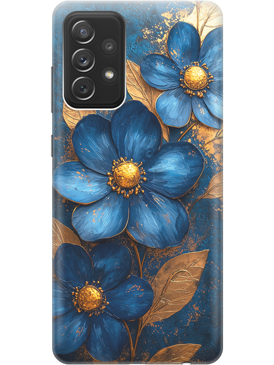 

Силиконовый чехол на Samsung Galaxy A72 с принтом "Синие цветы, золотые листья", Прозрачный;золотистый;синий, 724990223