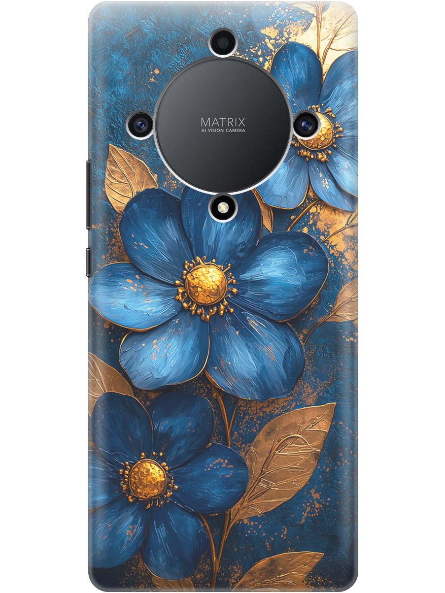 

Силиконовый чехол на Honor X9a / Magic5 Lite с принтом "Синие цветы, золотые листья", Прозрачный;золотистый;синий, 769394723
