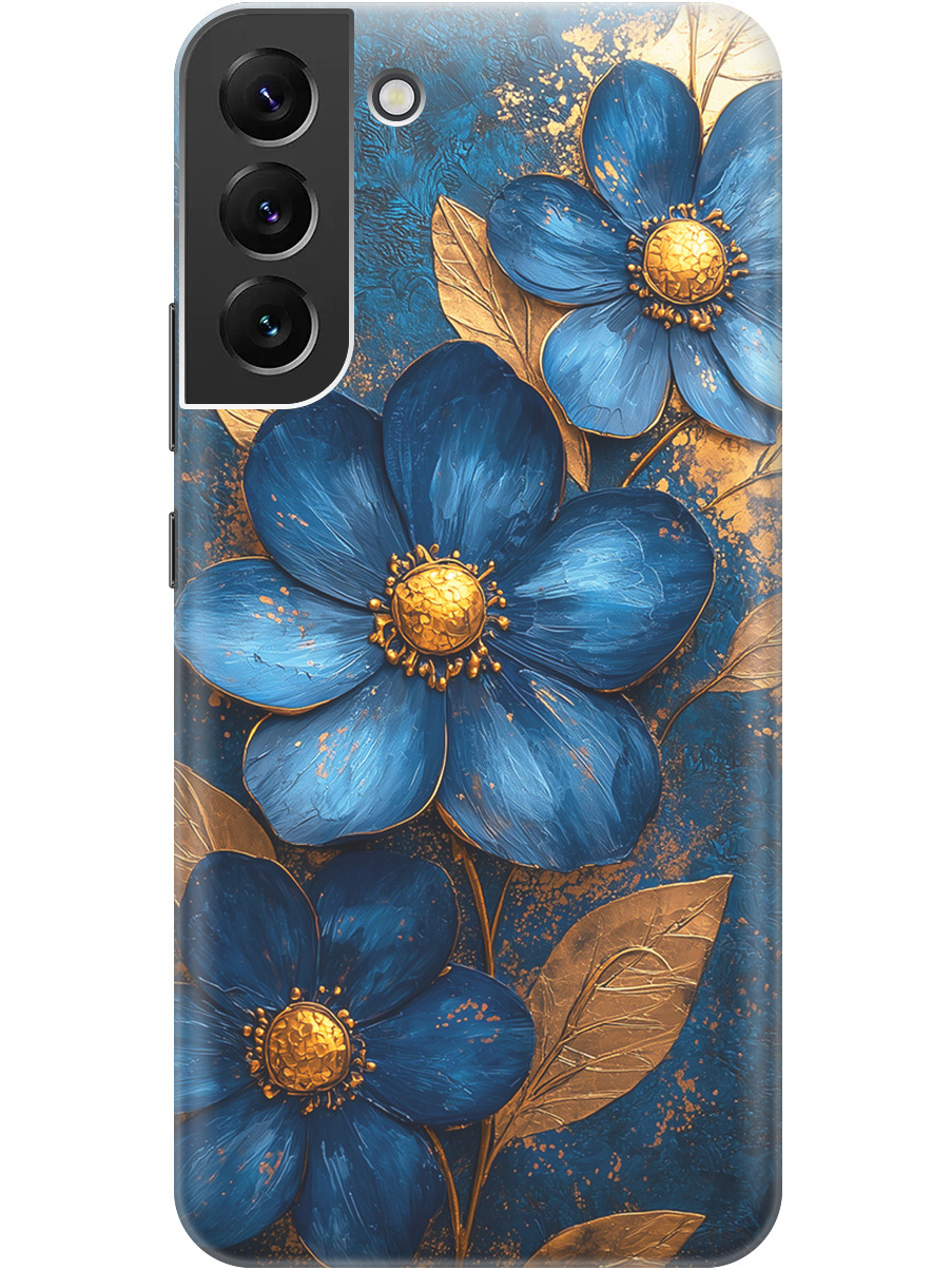 

Силиконовый чехол на Samsung Galaxy S22+ с принтом "Синие цветы, золотые листья", Прозрачный;золотистый;синий, 735250023