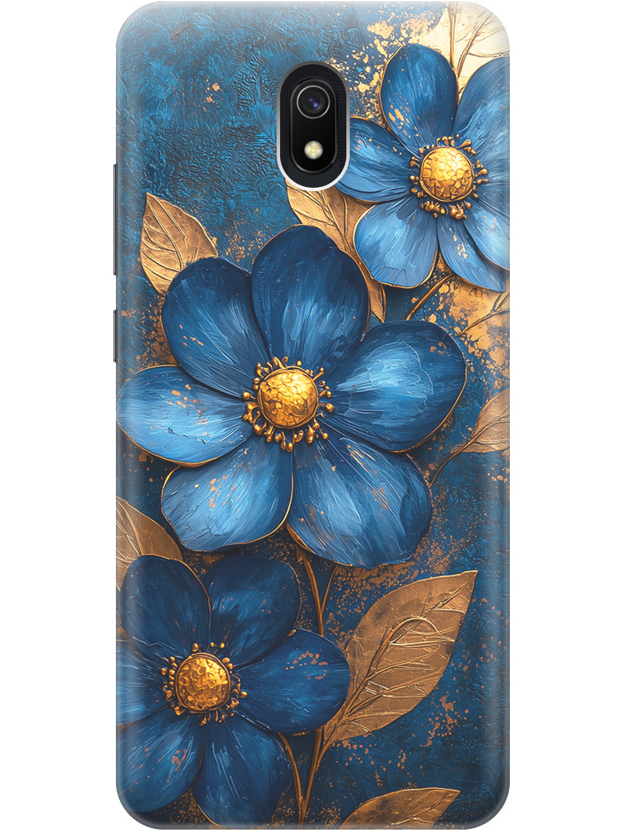 

Силиконовый чехол на Xiaomi Redmi 8A с принтом "Синие цветы, золотые листья", Прозрачный;золотистый;синий, 722188623