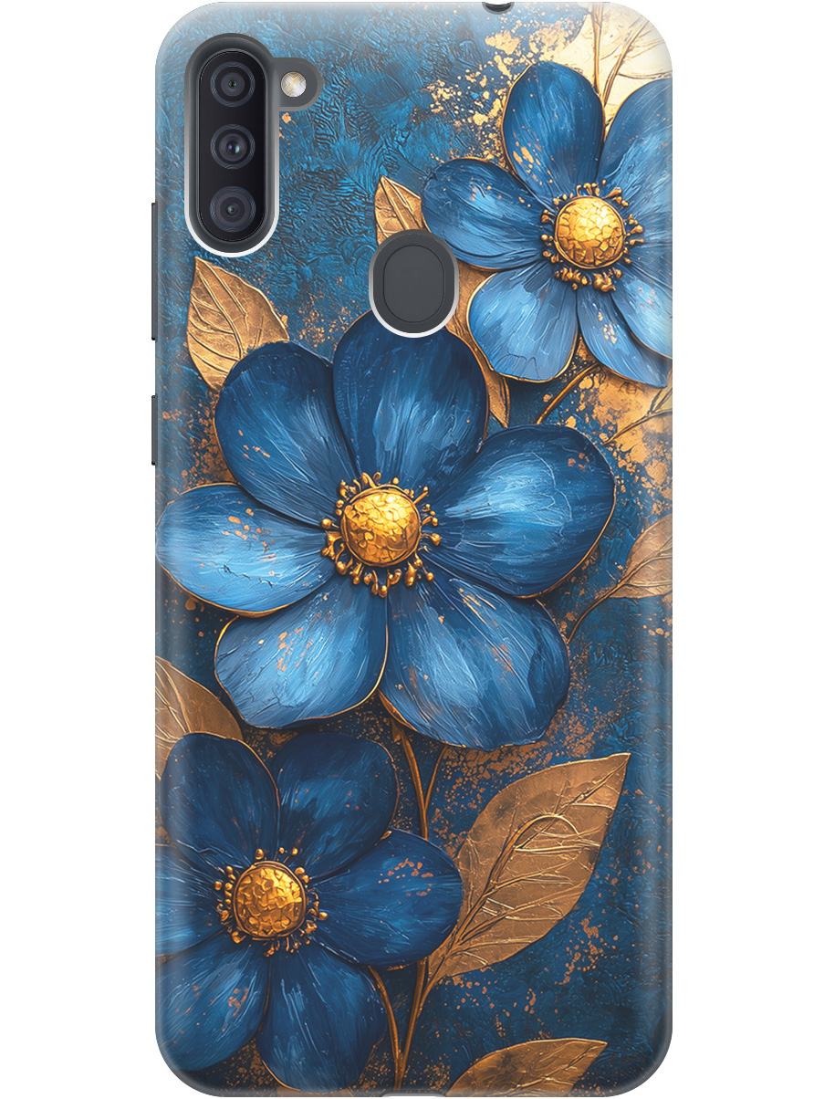 

Силиконовый чехол на Samsung Galaxy A11/M11 с принтом "Синие цветы, золотые листья", Прозрачный;золотистый;синий, 722820823