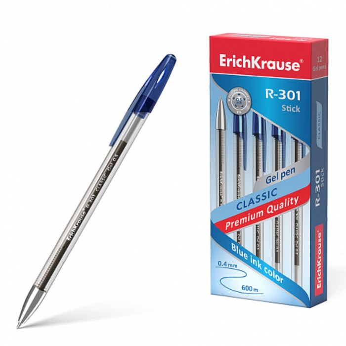 

Ручка гелевая ErichKrause R-301 Classic Gel Stick, чернила синие, узел 0.5 мм, длина линии