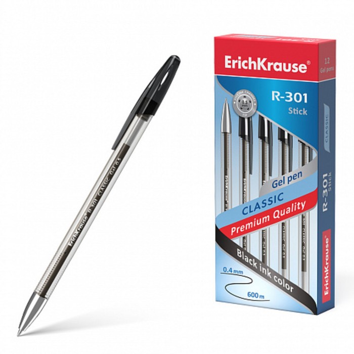 

Ручка гелевая ErichKrause, R-301 Classic Gel Stick, узел 0,5мм, чернила черные, длина лини