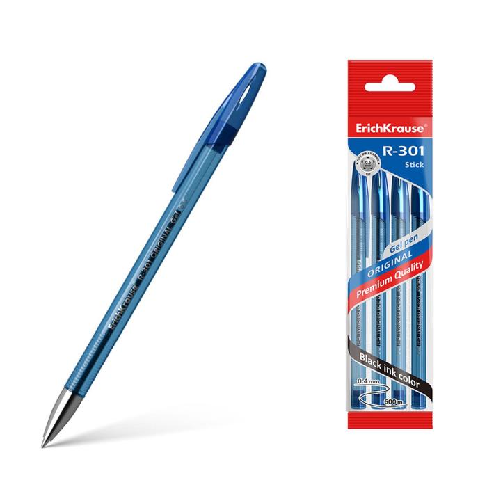 

Набор ручек гелевых 4 штуки ErichKrause R-301 Original Gel, чернила синие, узел 0.5 мм, дл