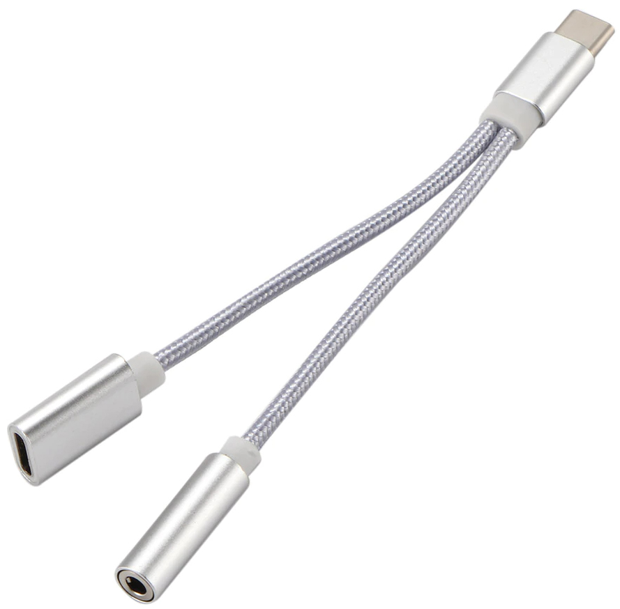 

Переходник GSMIN A14 Type-C Jack 3.5мм Type-C в оплетке (10см) Silver, A14