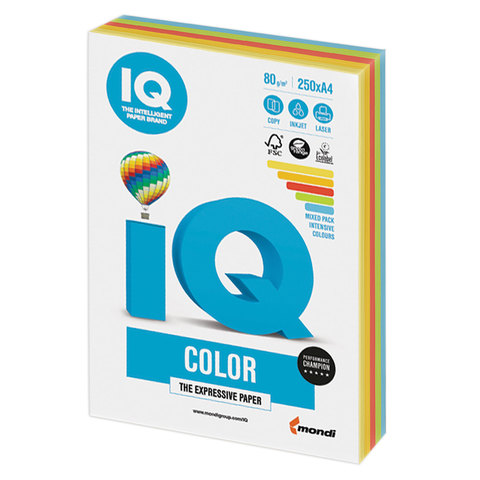 фото Бумага цветная iq color, а4, 80 г/м2, 250 л., (5 цветов x 50 листов), микс интенсив, rb02